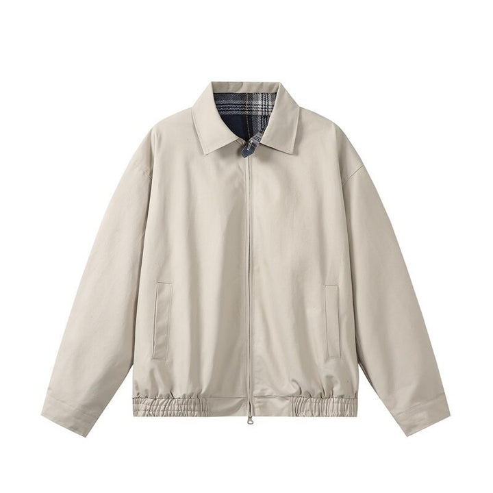 Unisex Short-Cut Boxy Blouson Jacket with Checked Stand Collar, Elastic Hem, and Two-Way Zipper Mune Fashion