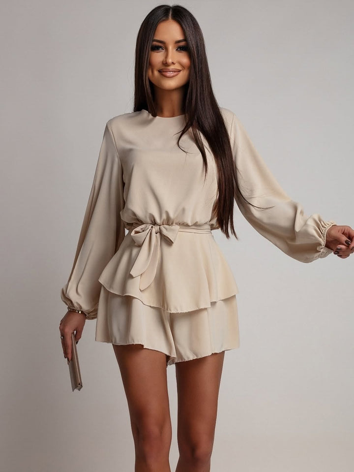 Women's short dress with flounce skirt, waist tie belt, and balloon sleeves Mune Fashion