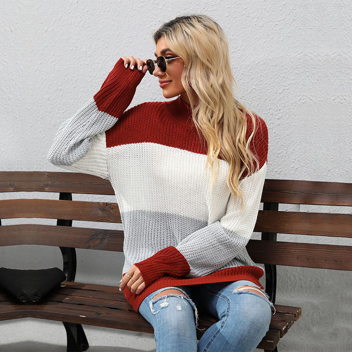 Ladies knit sweater with block stripes and stand-up collar Mune Fashion