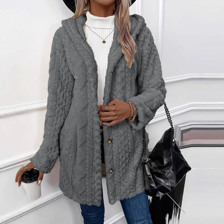 Ladies nan cozy teddy coat with hood, button placket and pockets Mune Fashion