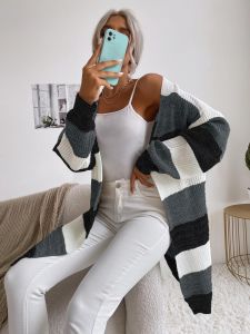Women Casual Knit Coat with Stripes Mune Fashion
