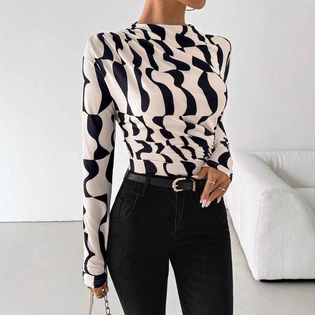 Women's tailored long-sleeve shirt with side gathering and waterfall neckline Mune Fashion