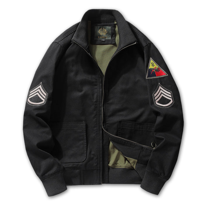 Men's Cotton Canvas Bomber Jacket with Embroidered Patches and Stand-Up Collar Mune Fashion