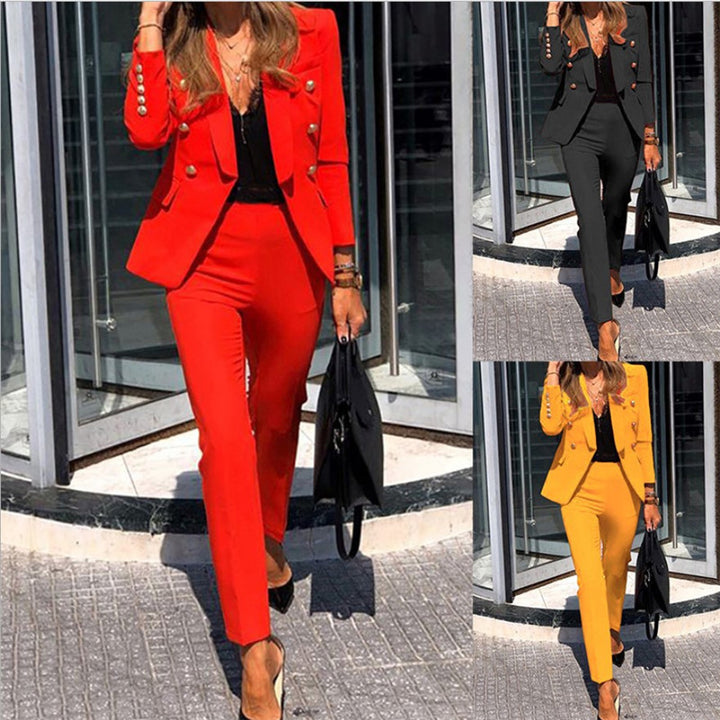 Women's tailored pantsuit with double-breasted button blazer and slim trousers Mune Fashion
