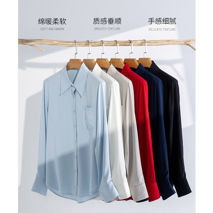 Women's silk-like oversized blouse with pointed shirt collar and chest pocket Mune Fashion