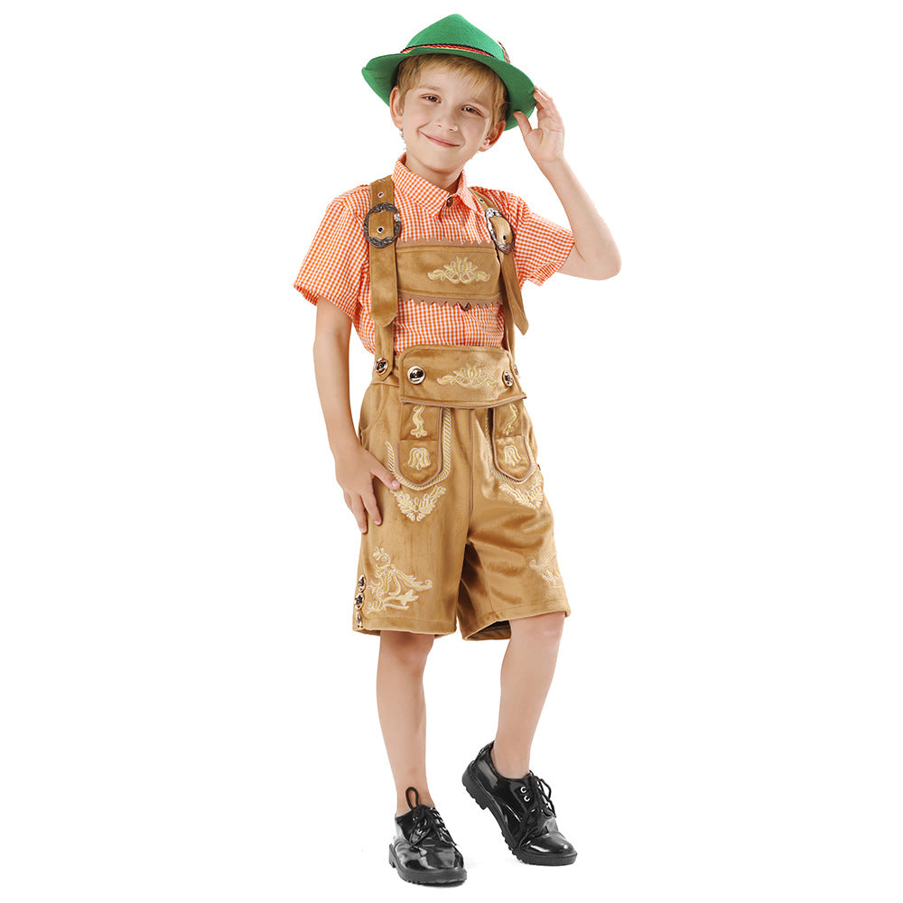 Unisex traditional children's outfit set leather shorts with embroidery and checked shirt Mune Fashion