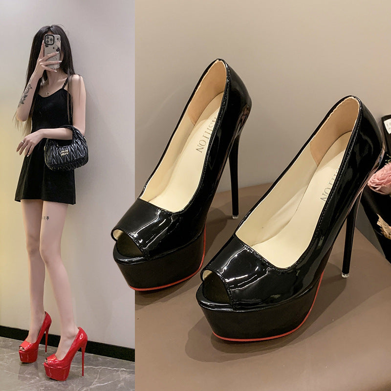 Women's Open Toe Platform Stiletto with High Heel and Lacquer Finish Mune Fashion