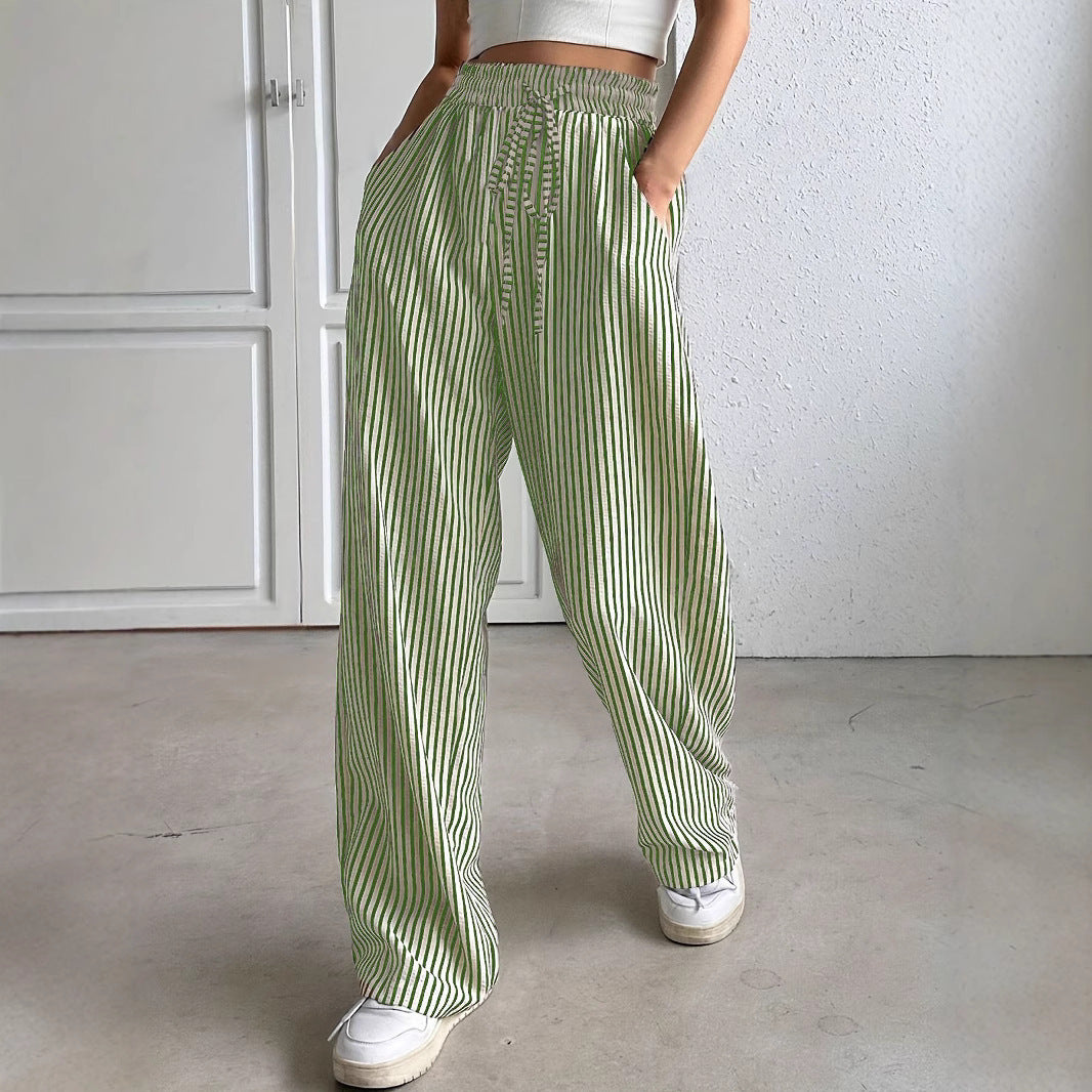 Women's Marlene striped pants made of linen blend with wide leg, elastic waistband and drawstring Mune Fashion