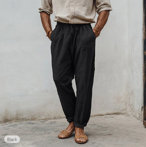 Men's casual linen blend jogger pants with drawstring, angled pockets and narrow ankle cuffs Mune Fashion