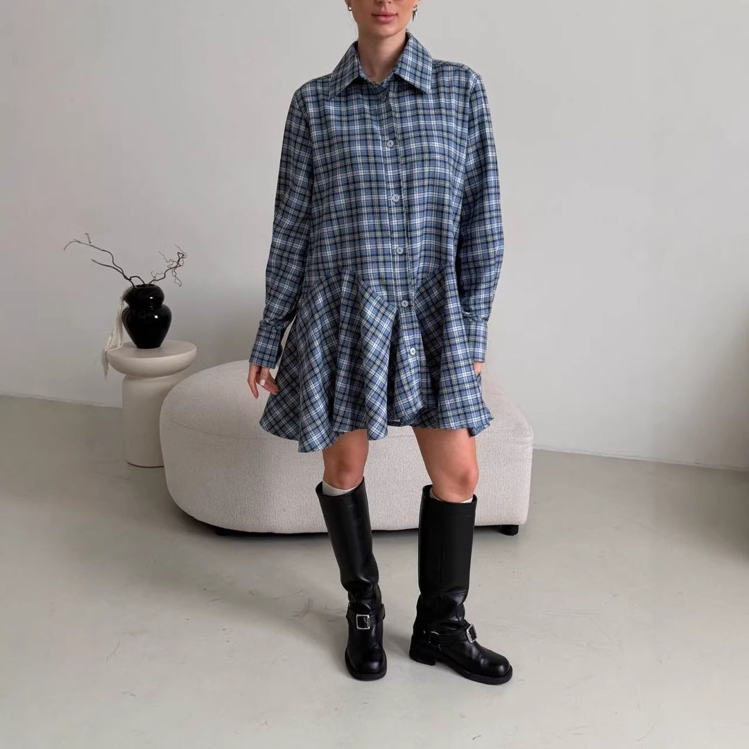 Women's Checked Shirt Blouse Mini Dress with Flared Ruffle Waist Mune Fashion