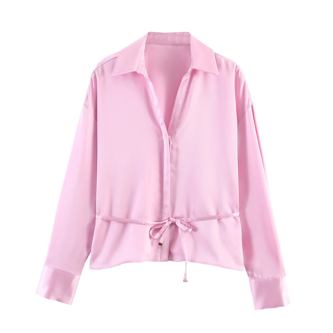 Women's satin blouse with drawstring waist, wide shirt collar, and wide cuffs Mune Fashion