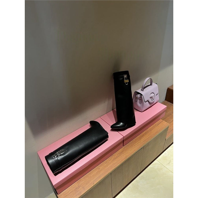 Women Modern Knee-High Boots with Hidden Wedge and Pointed Toe Mune Fashion