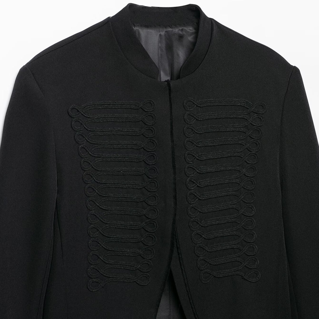 Women's short military-inspired bolero jacket with stand-up collar and decorative cords Mune Fashion