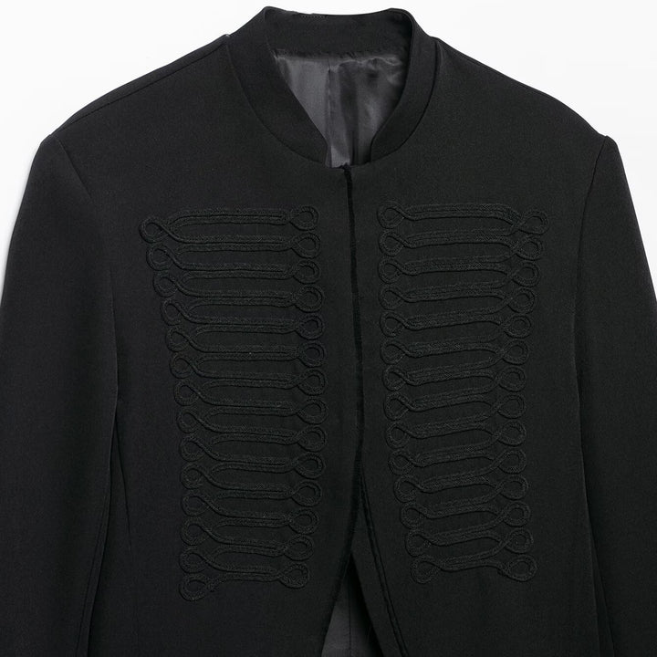Women's short military-inspired bolero jacket with stand-up collar and decorative cords Mune Fashion