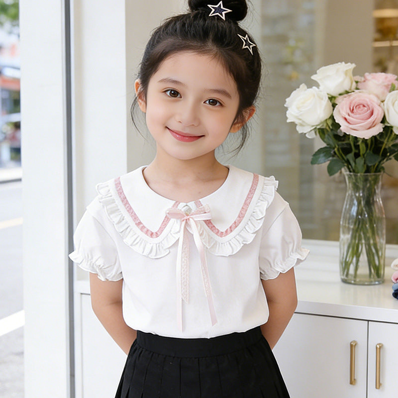 Girl's blouse with ruffle details and decorative collar Mune Fashion