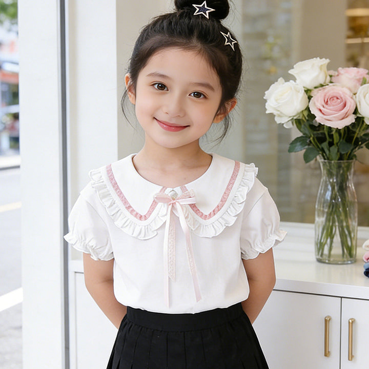 Girl's blouse with ruffle details and decorative collar Mune Fashion