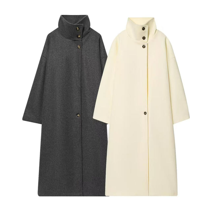 Women Longline Coat with Funnel Collar and Minimalist Front Button Placket Mune Fashion