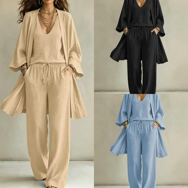 Women Casual Lounge Set with Kimono Cardigan, V-Neck Shirt and Wide Cord Pants Drune