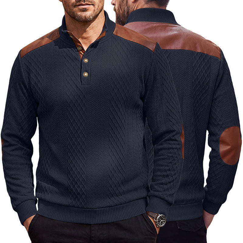 Men's pullover with stand-up collar, cable pattern and contrasting leather applications Mune Fashion
