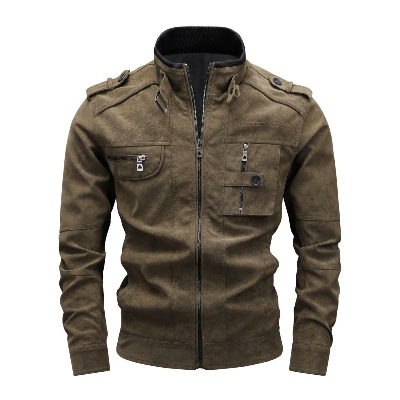 Men's utility faux leather jacket with stand-up collar, shoulder flaps, and multiple chest pockets Mune Fashion