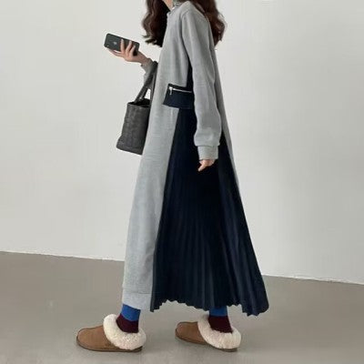 Women Long Oversize Sweat Dress with Round Neck, Pleated Side Inserts and Side Pockets Mune Fashion