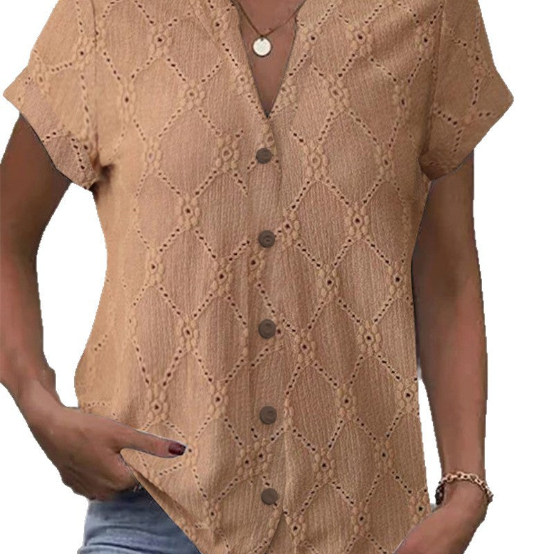 Women's short-sleeved embroidery blouse with V-neck and continuous button placket Mune Fashion