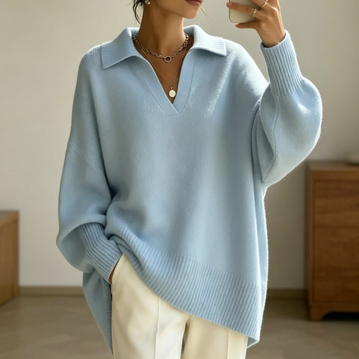 Women Oversize Polo Collar V-Neck Knitted Sweater with Balloon Sleeves Mune Fashion