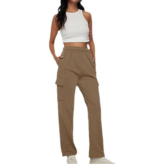 Women's casual cargo leisure pants with wide leg elastic waistband and patch pockets Mune Fashion
