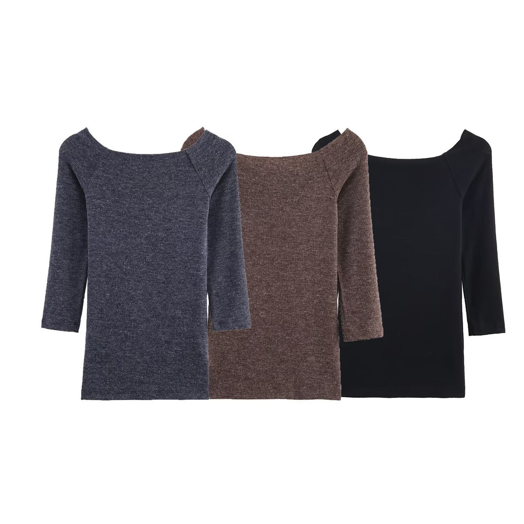 Women's Fitted Fine Knit Tunic with Wide Boat Neck and 3/4 Sleeves Mune Fashion