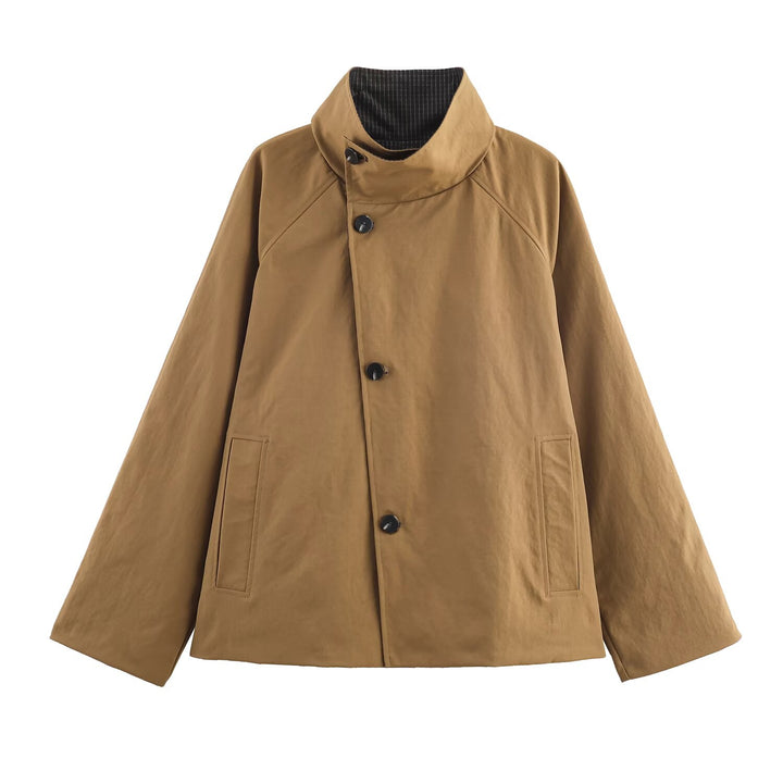Women's Oversized Short Coat with High Stand Collar, Raglan Sleeves and Concealed Button Placket Mune Fashion