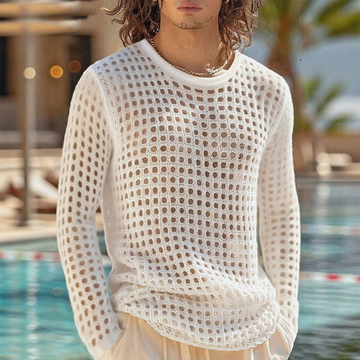Men's airy openwork knit sweater with square mesh pattern and crew neck Mune Fashion