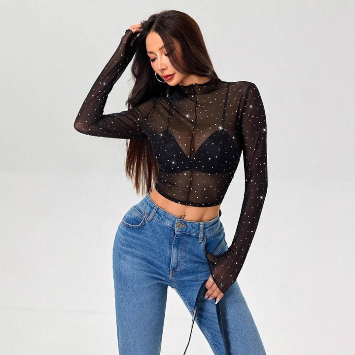Ladies no-belly sheer net top with sparkling rhinestone appliqués and stand-up collar Mune Fashion