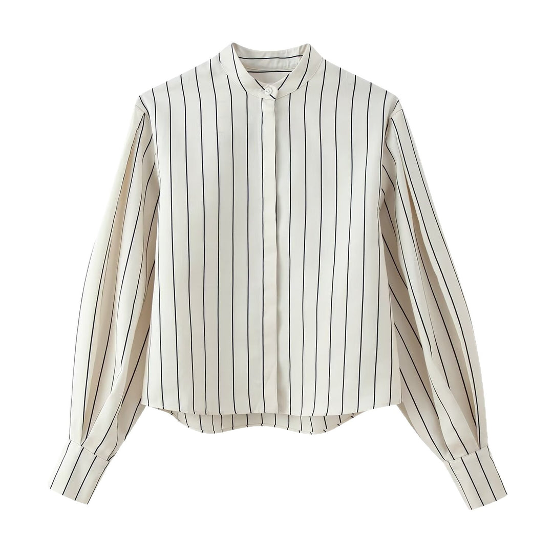 Women's Striped Stand Collar Blouse with Hidden Button Placket and Balloon Sleeves Mune Fashion
