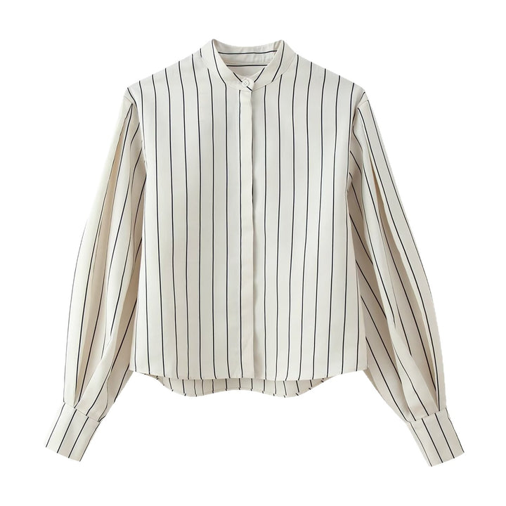 Women's Striped Stand Collar Blouse with Hidden Button Placket and Balloon Sleeves Mune Fashion