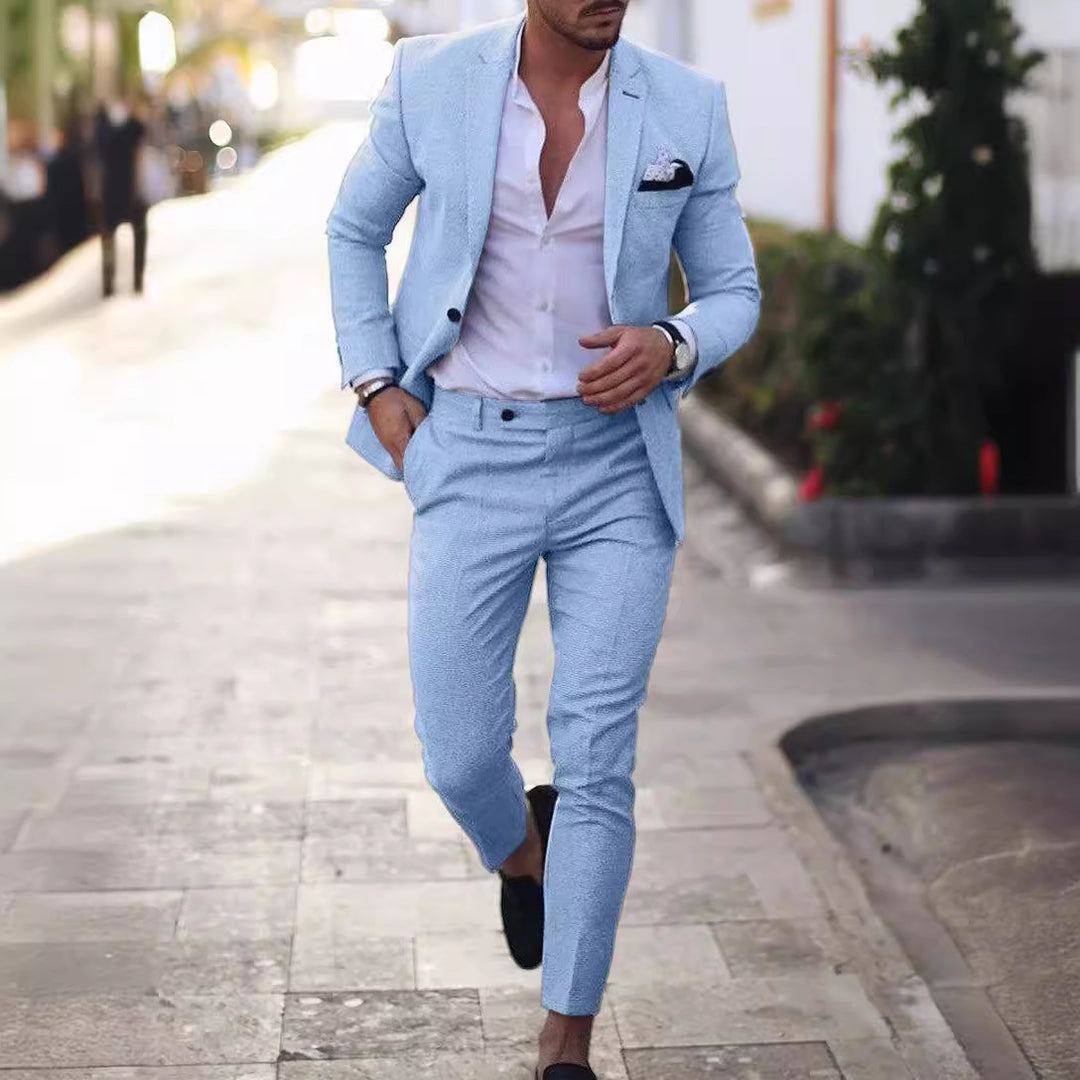 Men's tailored linen suit set with single-breasted blazer and slim chino pants Mune Fashion