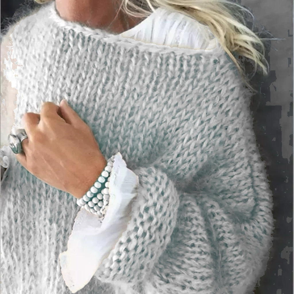 Women's Short Cut Fluffy Chunky Knit Sweater with Dropped Shoulder Mune Fashion