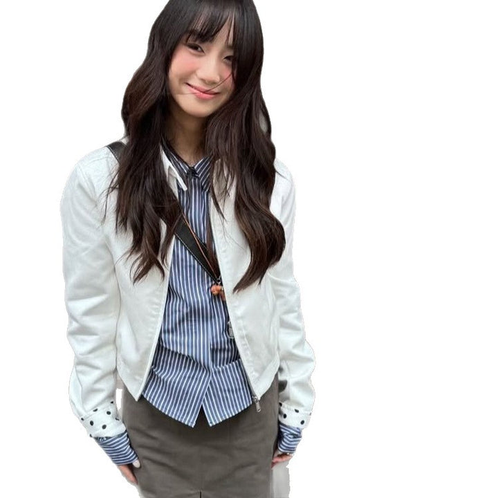 Women’s short-cut blouson jacket with stand-up collar, concealed zipper and contrasting polka dot patterned lining Mune Fashion