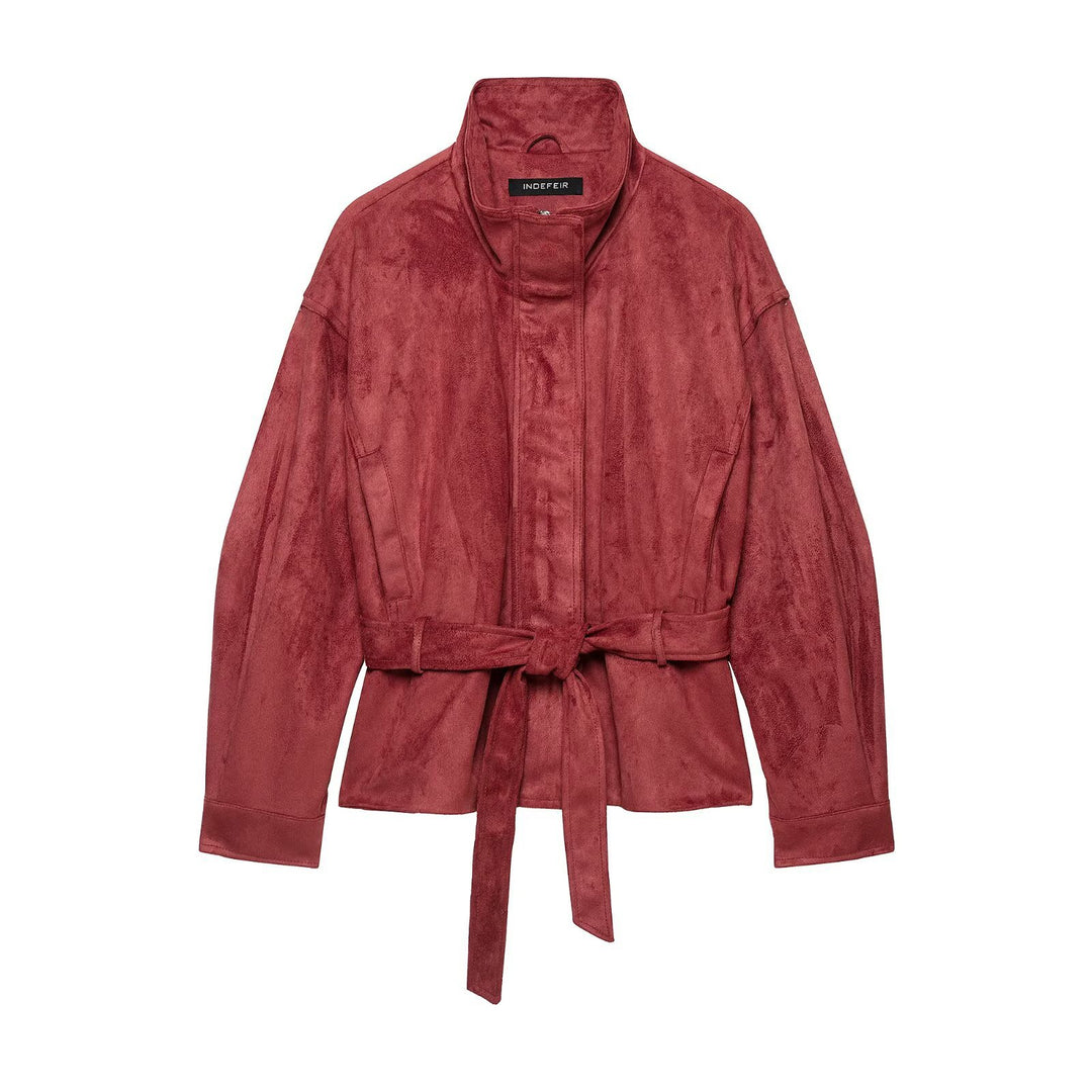 Women's kimono-inspired velour jacket with tie belt and high stand-up collar Mune Fashion