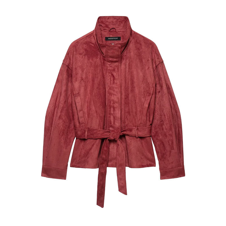Women's kimono-inspired velour jacket with tie belt and high stand-up collar Mune Fashion
