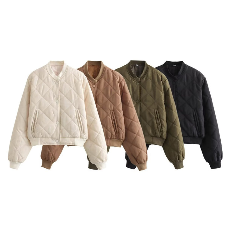 Women's quilted bomber jacket with diamond quilting, ribbed cuffs, and concealed snap button placket Mune Fashion