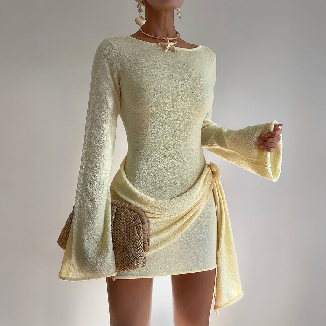 Women's elegant terry mini dress with tailored silhouette, long sleeves and side draped bow Mune Fashion