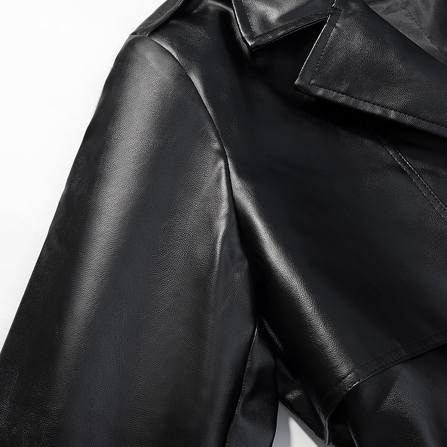 Women Longer Trench Coat in Leather Look with Tie Belt and Epaulettes Mune Fashion
