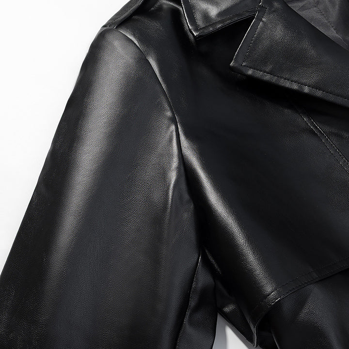 Women Longer Trench Coat in Leather Look with Tie Belt and Epaulettes Mune Fashion