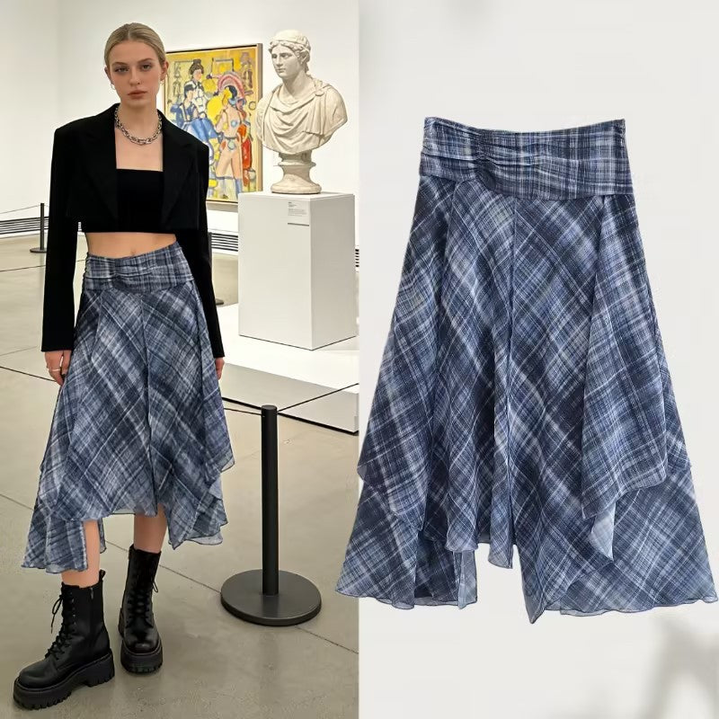 Women Asymmetrical multilayer midi skirt made of chiffon with wide waistband and check pattern Mune Fashion