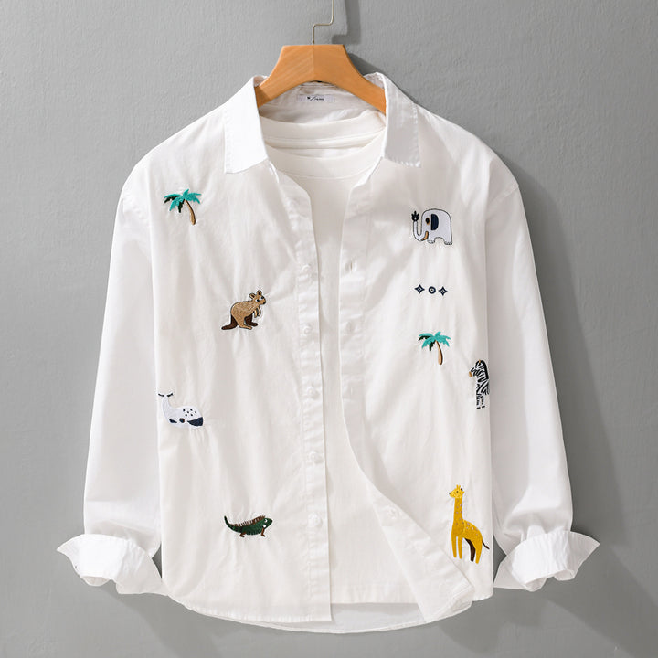 Women's Loose Cotton Shirt with Hand-Embroidered Safari Motifs Mune Fashion