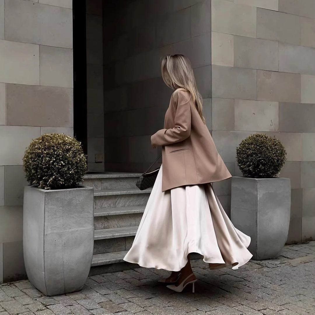 Women's Flowing Satin Midi Skirt with High Waist and Pleats Mune Fashion