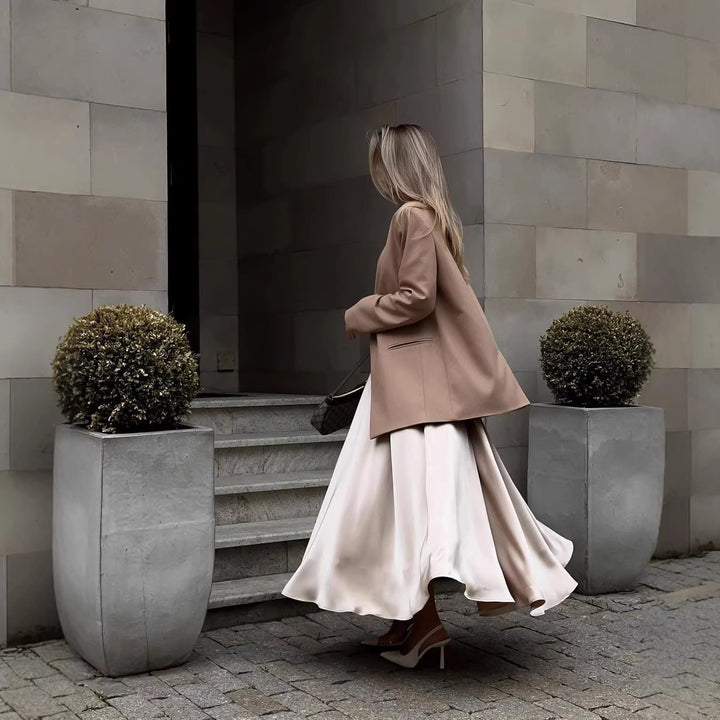 Women's Flowing Satin Midi Skirt with High Waist and Pleats Mune Fashion