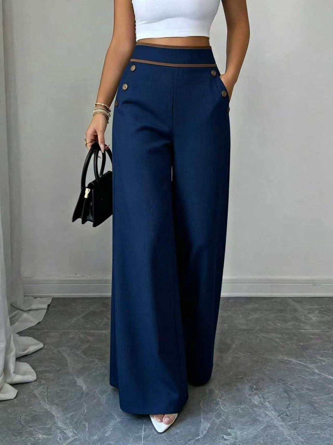 Women's High-Waisted Palazzo Pants with Decorative Buttons and Wide Legs Mune Fashion