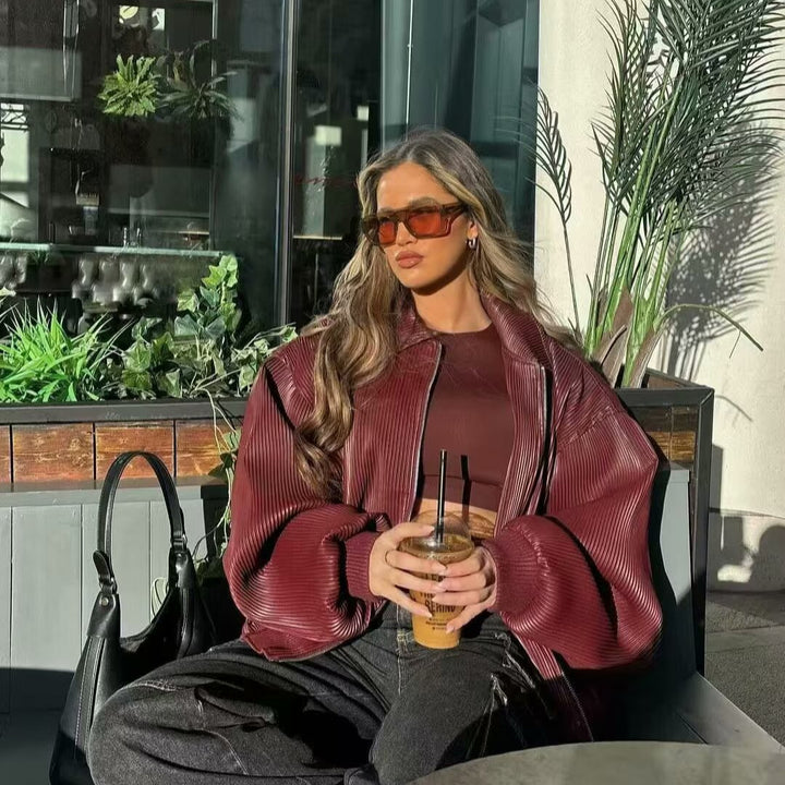 Women Pleated Bomber Jacket with fine vertical structure, metal zipper and elastic cuffs Mune Fashion