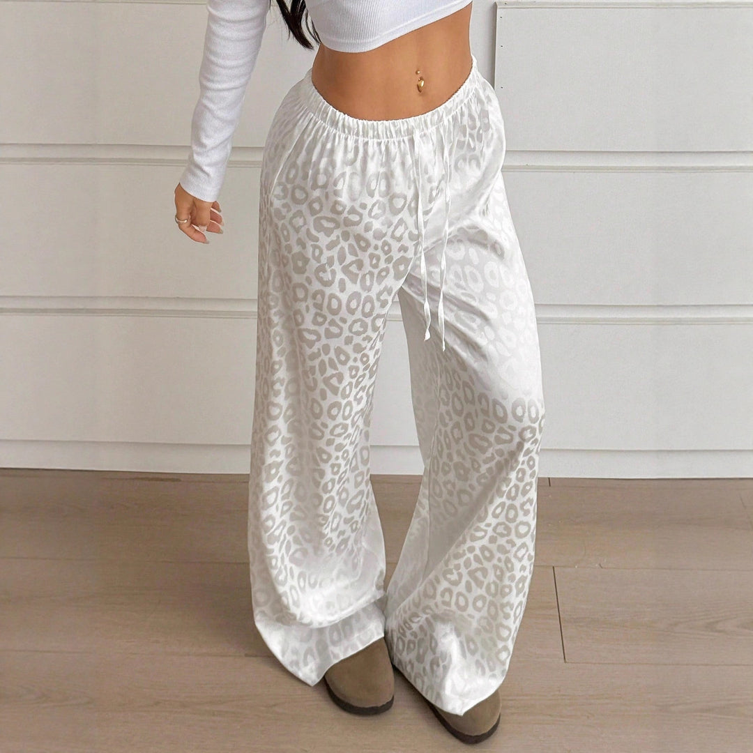 Women's Palazzo Style Loungewear Pants with Leopard Jacquard and Drawstring Mune Fashion